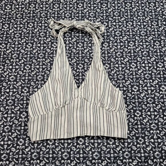 American Eagle Blue & White Striped Two Tone Chic Boho V-Neck Halter Crop Top - Picture 1 of 5